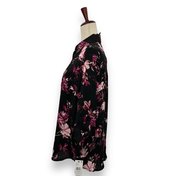 NEW BCX Black Floral Blouse Large Collared Satin Top Dark Flower Office Work - Picture 8 of 14